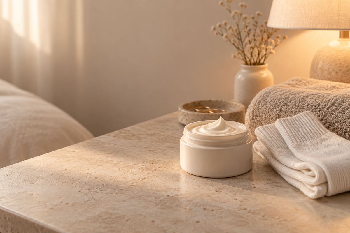 Abendliche Fußpflege mit Creme, Baumwollsocken und Handtuch