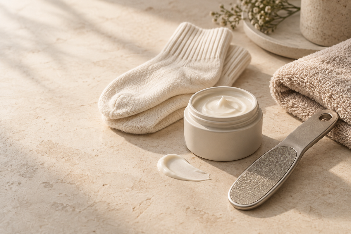 Fußpflege-Stillleben mit Creme, Feile, Handtuch und Baumwollsocken
