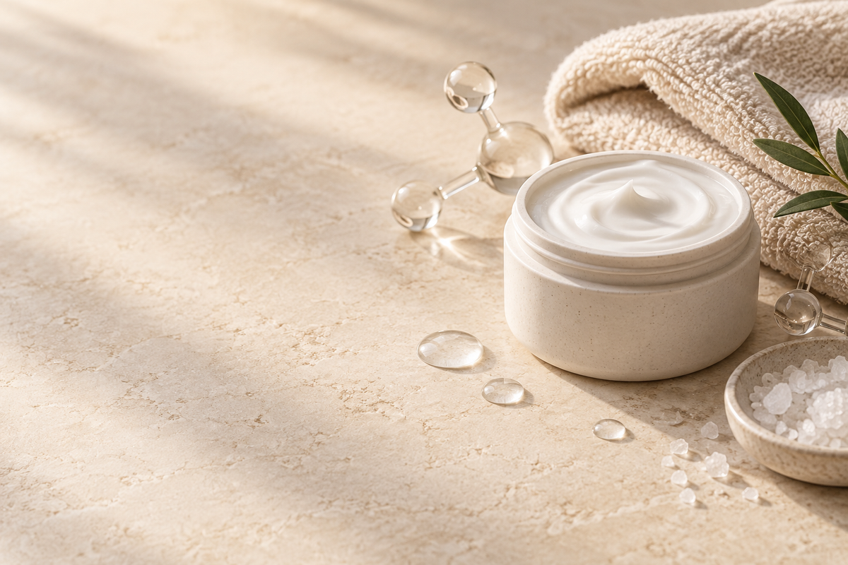 Urea-Fußpflege als Editorial-Stillleben mit Creme und Feuchtigkeitselementen